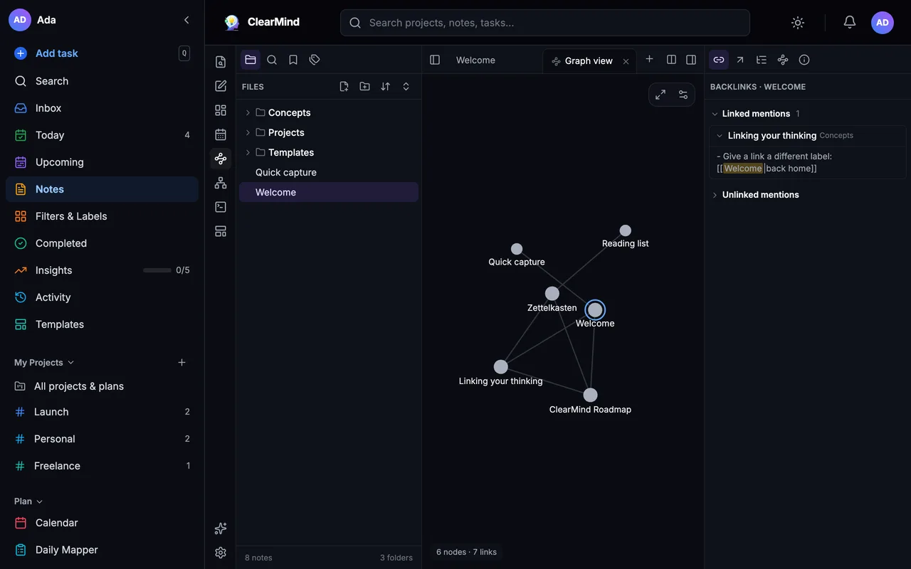 Graph view of six linked notes.