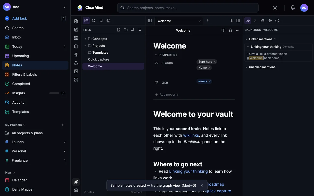 Notes editor with a folder tree, a note with properties and tags, and a backlinks panel.