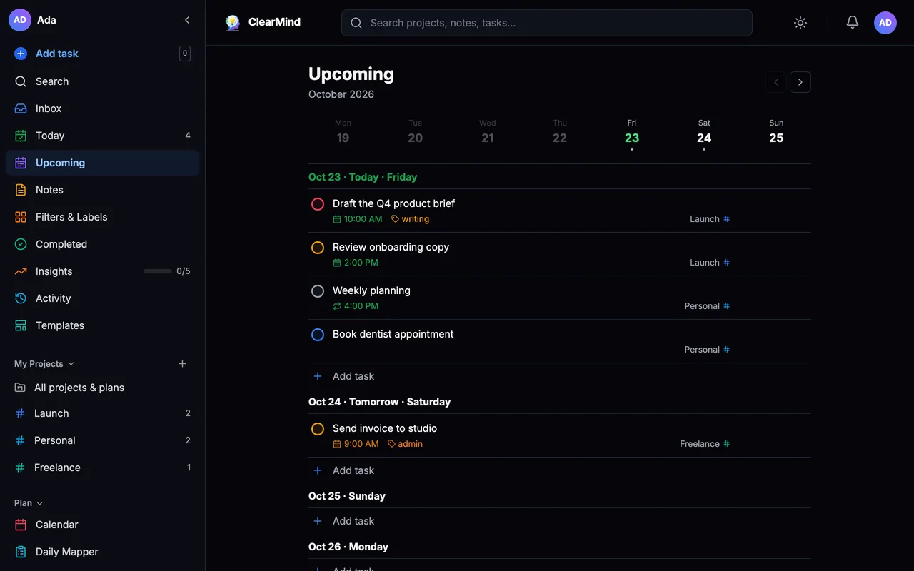 Upcoming view showing tasks grouped by day.